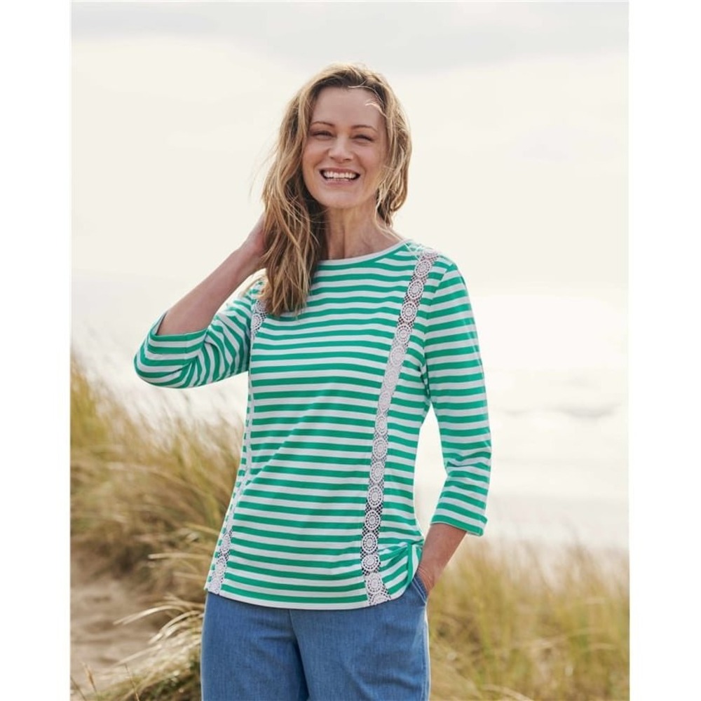 WoolOvers‎ Lace Insert 3/4 Sleeve Tee Shirt Jade White Stripe Size Small Cotton